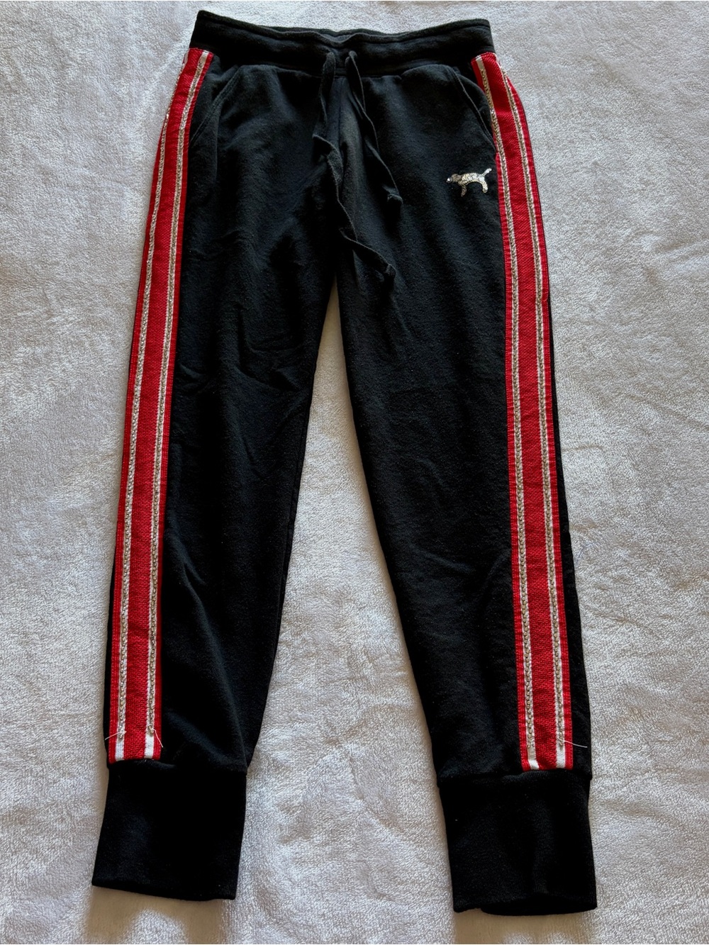 PINK Victoria's Secret Black Joggers with Red Side Stripes and Bling